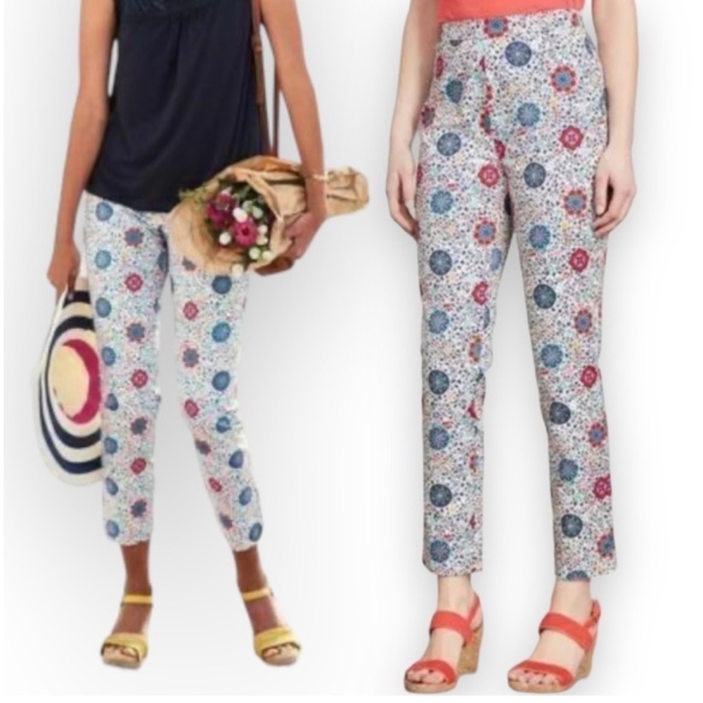 Boden Al Fresco Colorful Floral Print Slim Fit 7/8 Cropped Side Zip Pants Boho
